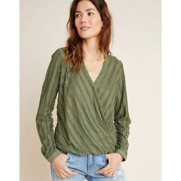 Maeve Anthropologie Audre Faux Wrap Surplice Shirt Green Striped Long Sleeve-XS - Picture 1 of 15